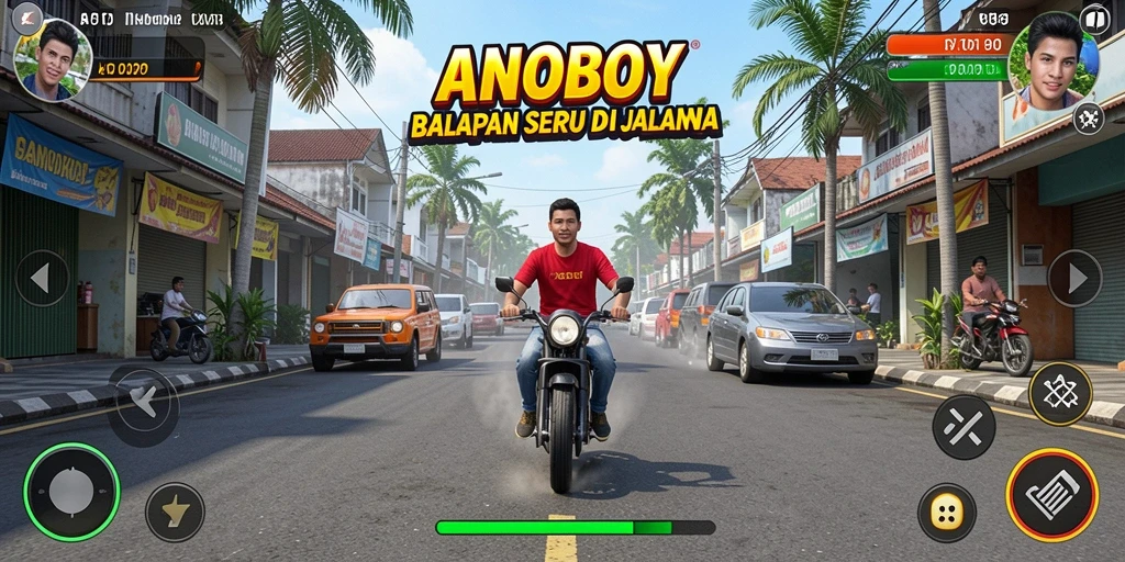 Screenshot gameplay ANOBOY menampilkan aksi balapan yang mendebarkan.