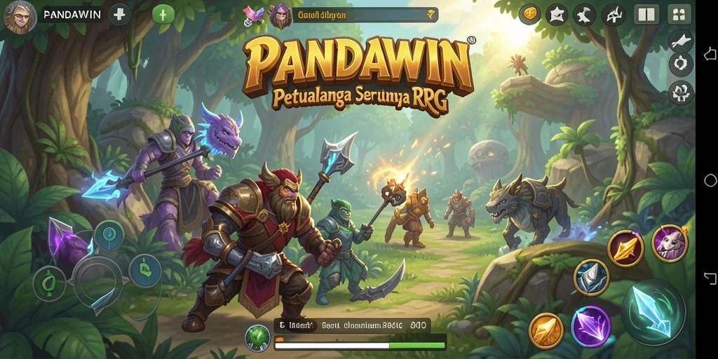 Screenshot utama menunjukkan karakter utama dalam pertarungan seru di dunia RPG.