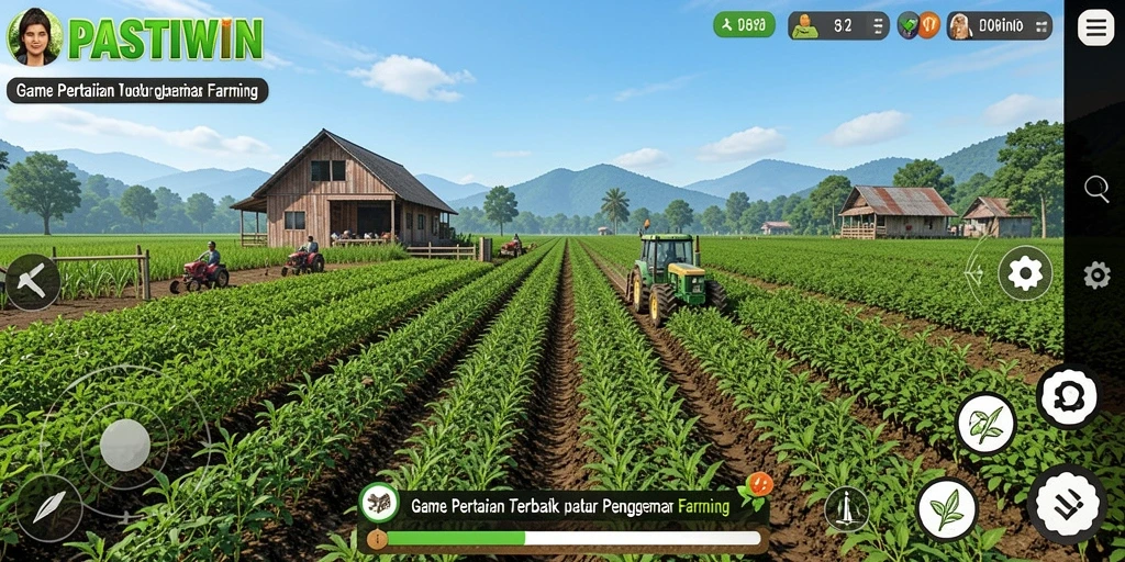 Tampilan menarik gameplay PASTIWIN dengan ladang subur dan hewan ternak.