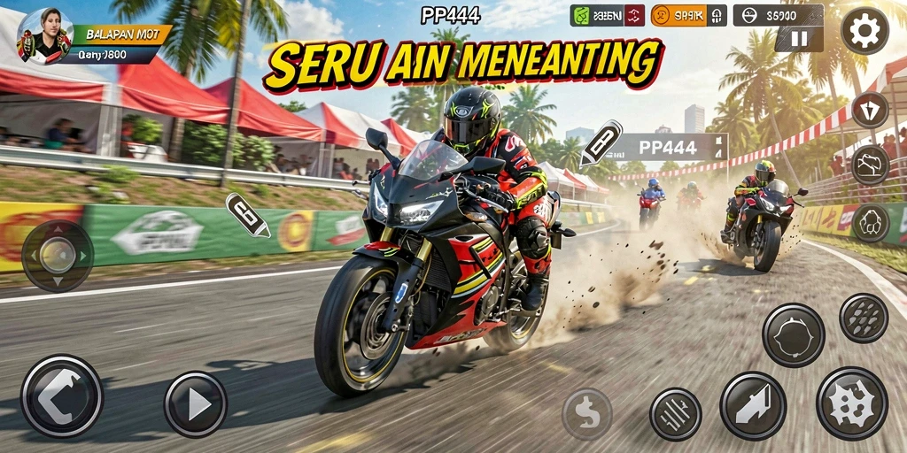 Tampilan gameplay PP444 menampilkan balapan motor yang seru dan mendebarkan.