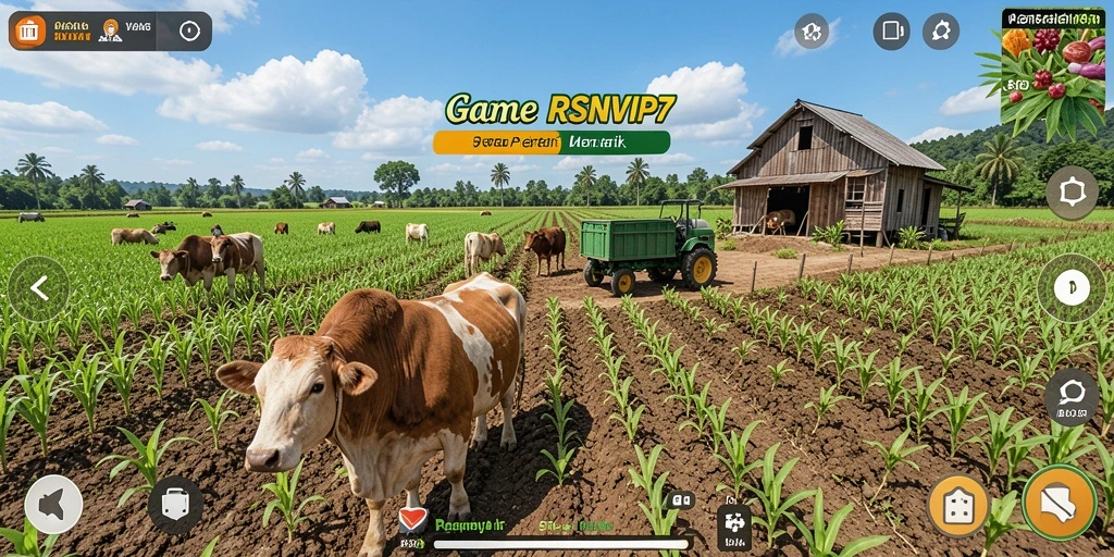 Screenshot gameplay RSNVIP7 menunjukkan pertanian yang cerah dan produktif.